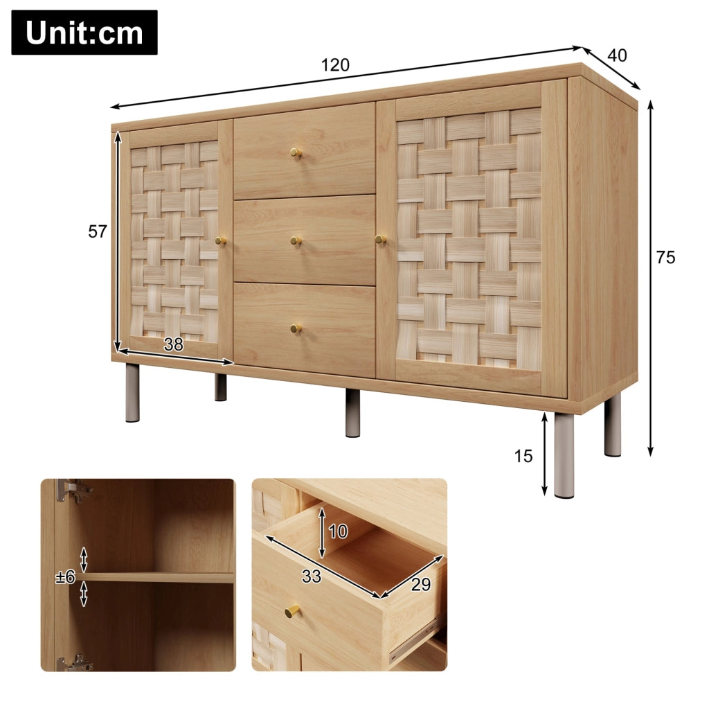 Credenza rustica 120x40x75 cm rovere con 2 ante e 3 cassetti