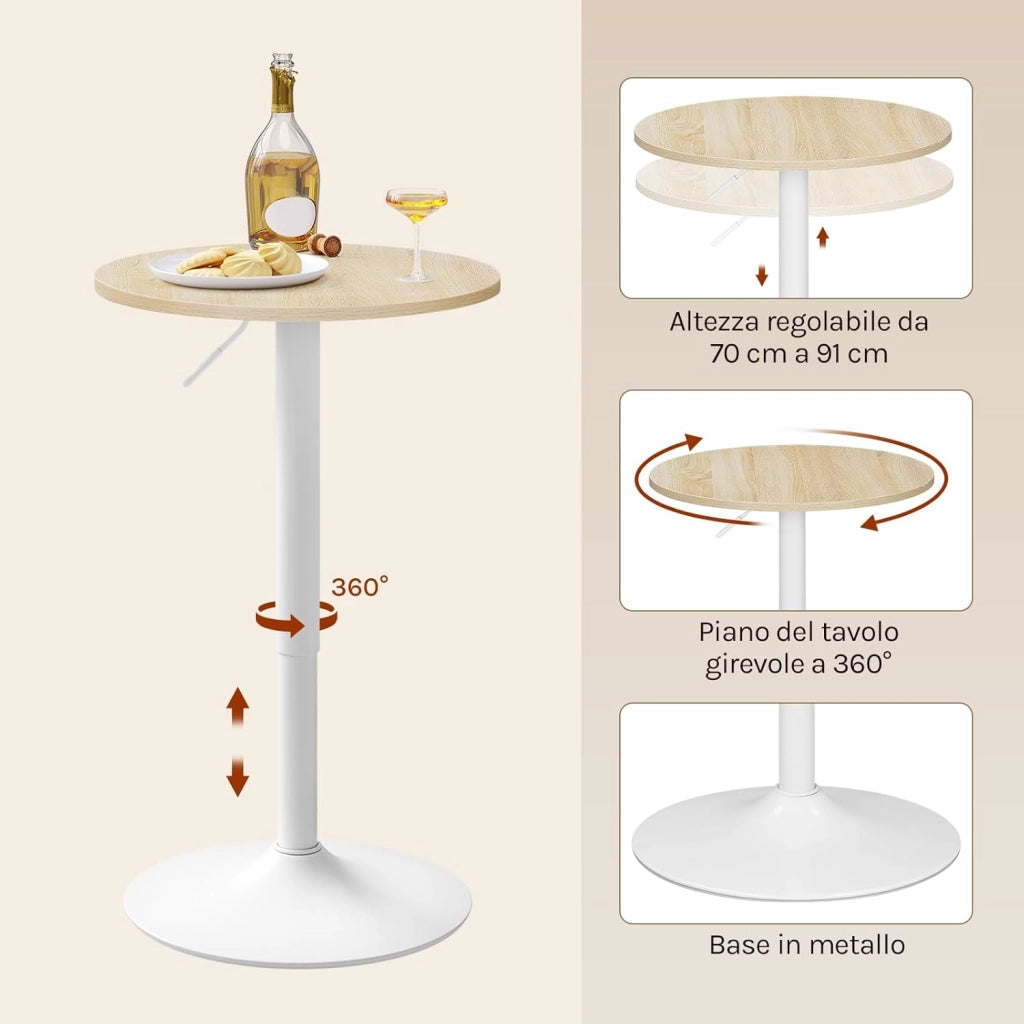 Tavolo Alto da Bar Girevole a 360°, Tavolino Rotondo in Legno e Metallo, Tavolo Regolabile in Altezza 70-91cm, da Cucina, Soggiorno, Rovere Chiaro + Bianco