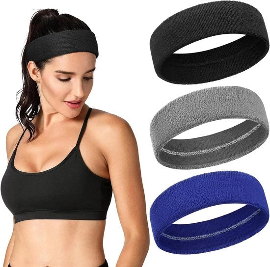 Banda per la fronte, fascia respirante e elastica per la corsa, tennis e palestra, 3 pezzi, assorbente e antiscivolo