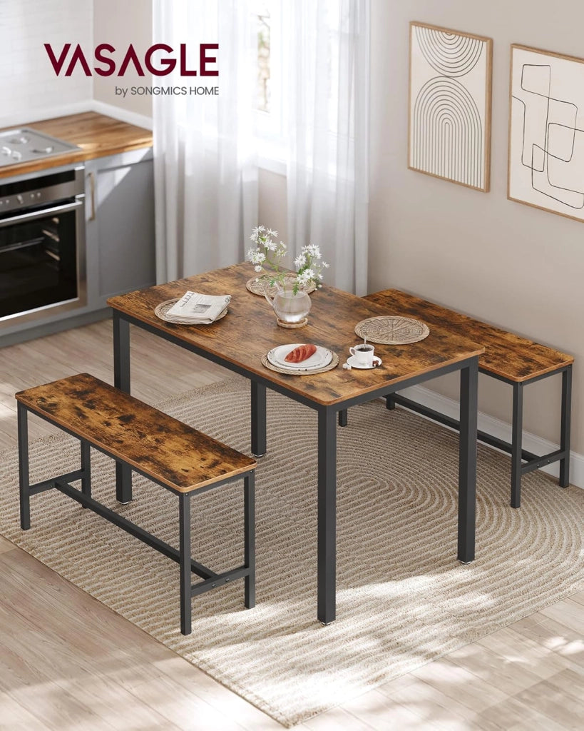 VASAGLE Tavolino da Pranzo con 2 Panche, Set di 3 Pezzi, Tavolo da Cucina 70 x 110 x 75 cm, 2 Panche 30 x 97 x 50 cm, Struttura in Acciaio, Marrone Vintage e Nero KDT070B01