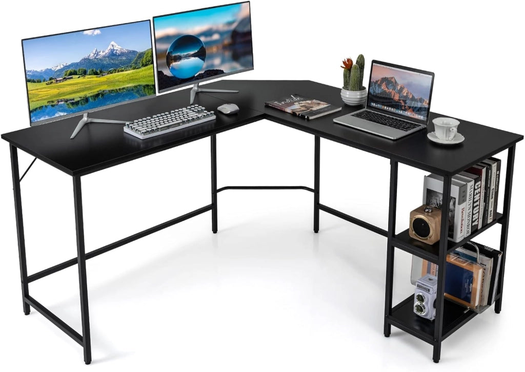 Scrivania Angolare 138 CM, Scrivania ad Angolo con 2 Prese, 2 Porte USB, Telaio in Acciaio al Carbonio e Ripiano a 2 Livelli Rimovibile, Scrivania Salvaspazio da Ufficio e Casa (Legno)