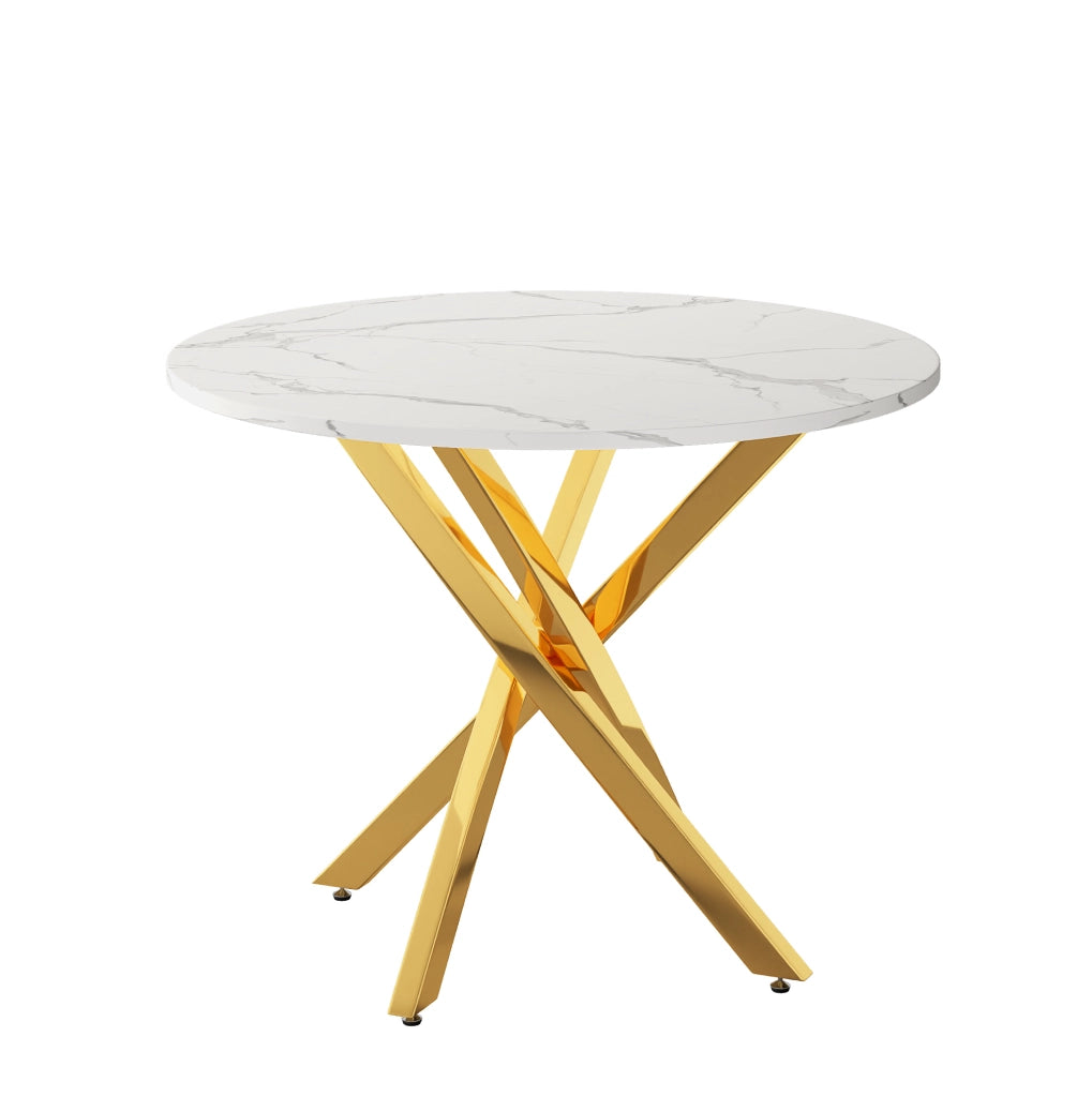 Tavolo rotondo 80 cm con piano effetto marmo e gambe cromate oro in MDF bianco