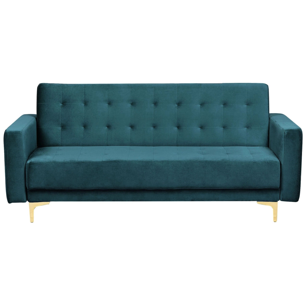 Divano Letto Verde Acqua Velluto Trapuntato Tessuto Moderno Soggiorno Modulare 3 Posti Gambe dorato Bracci Pista