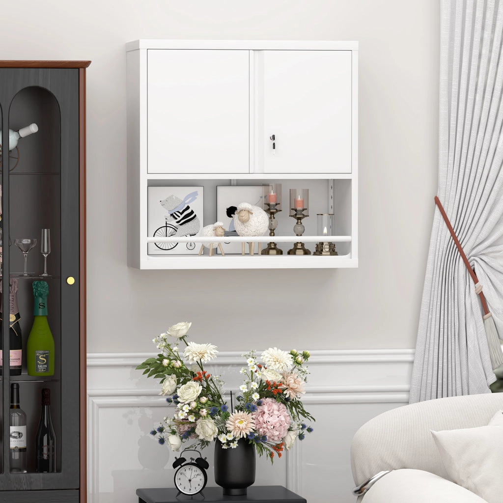 Armadietto da parete in metallo con ripiano regolabile, per garage e soggiorno, bianco, 88 × 45 × 14 cm
