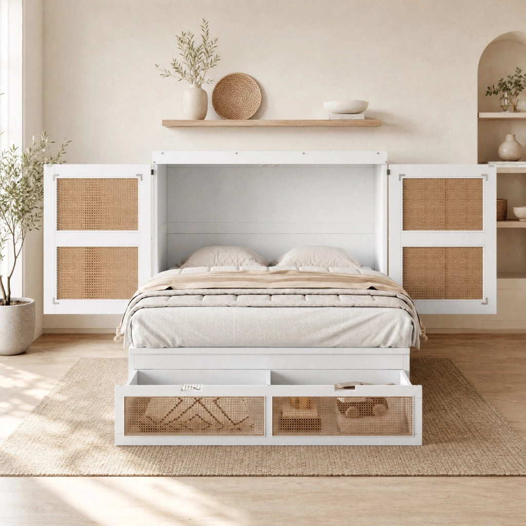 Letto a scomparsa verticale 140x200 cm in legno bianco con rattan; cassetti contenitore