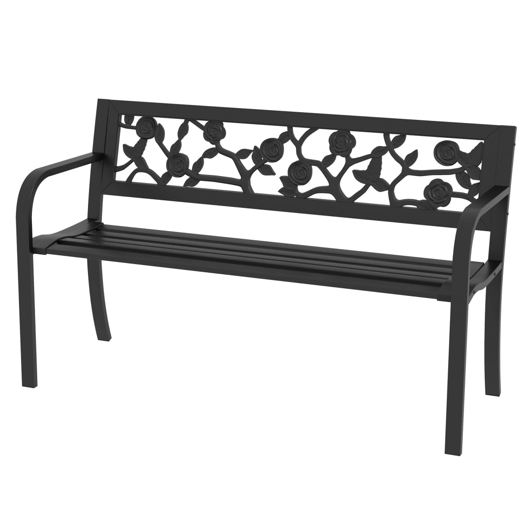 Panchina da giardino 2 posti in acciaio resistente per esterno e terrazzo, schienale decorato e braccioli, 127x50x75cm, nero