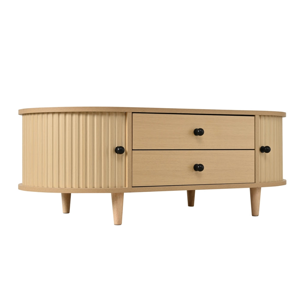 Tavolino da salotto rotondo in effetto legno chiaro con 2 cassetti e ante scorrevoli, 100¡Á50¡Á36 cm, portata fino a 50 kg