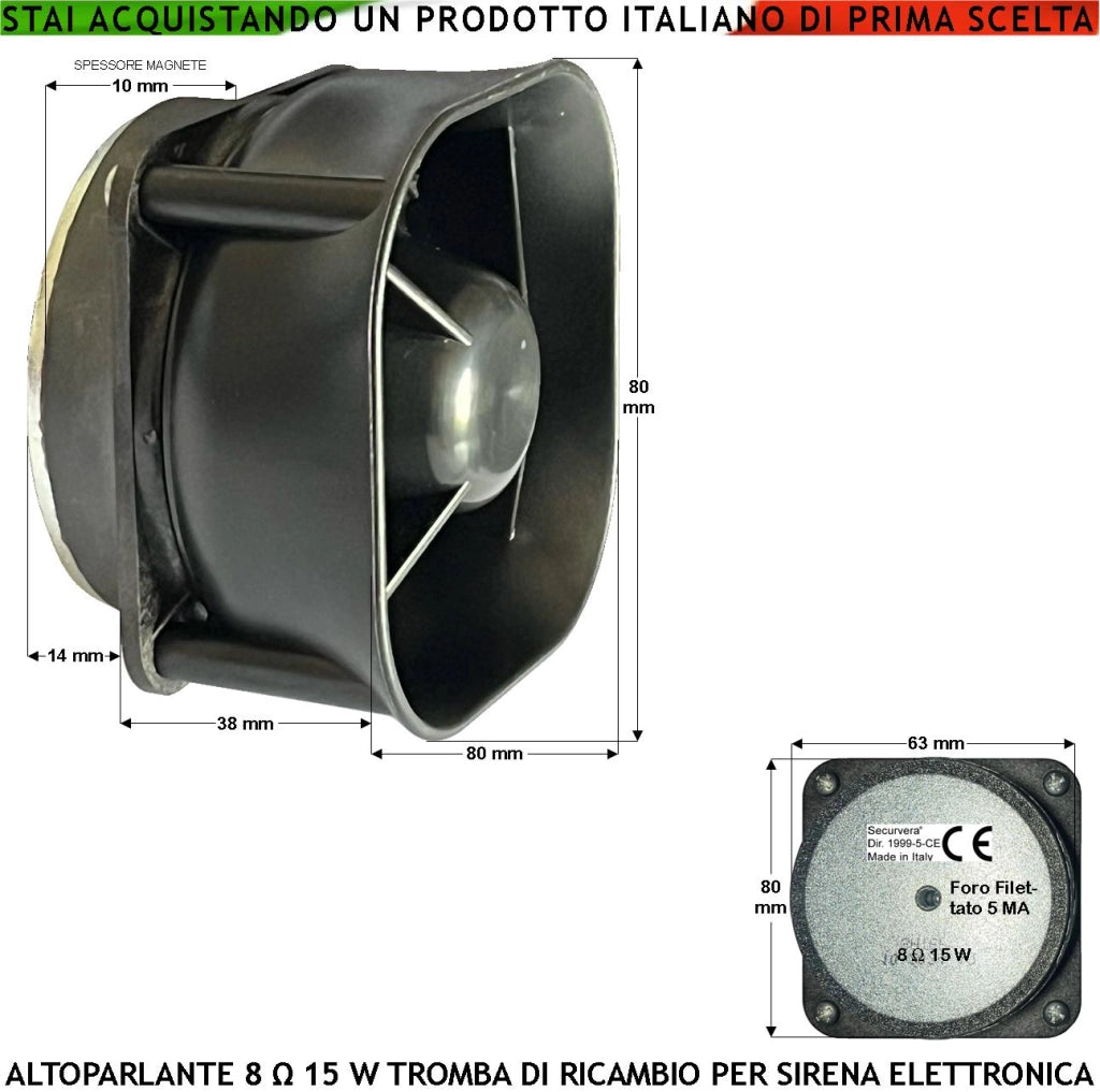 Diffusore Sonoro Tromba Esponenziale Magnetodinamica 8 Ohm Potenza 15 W Suoni Alta Frequenza da 850 ± 4600 Hz Tweeter Magnete Ø70XH10 mm Ricambio Sirene Antifurto Qualsiasi Marca Misure L80XH80XP53 mm
