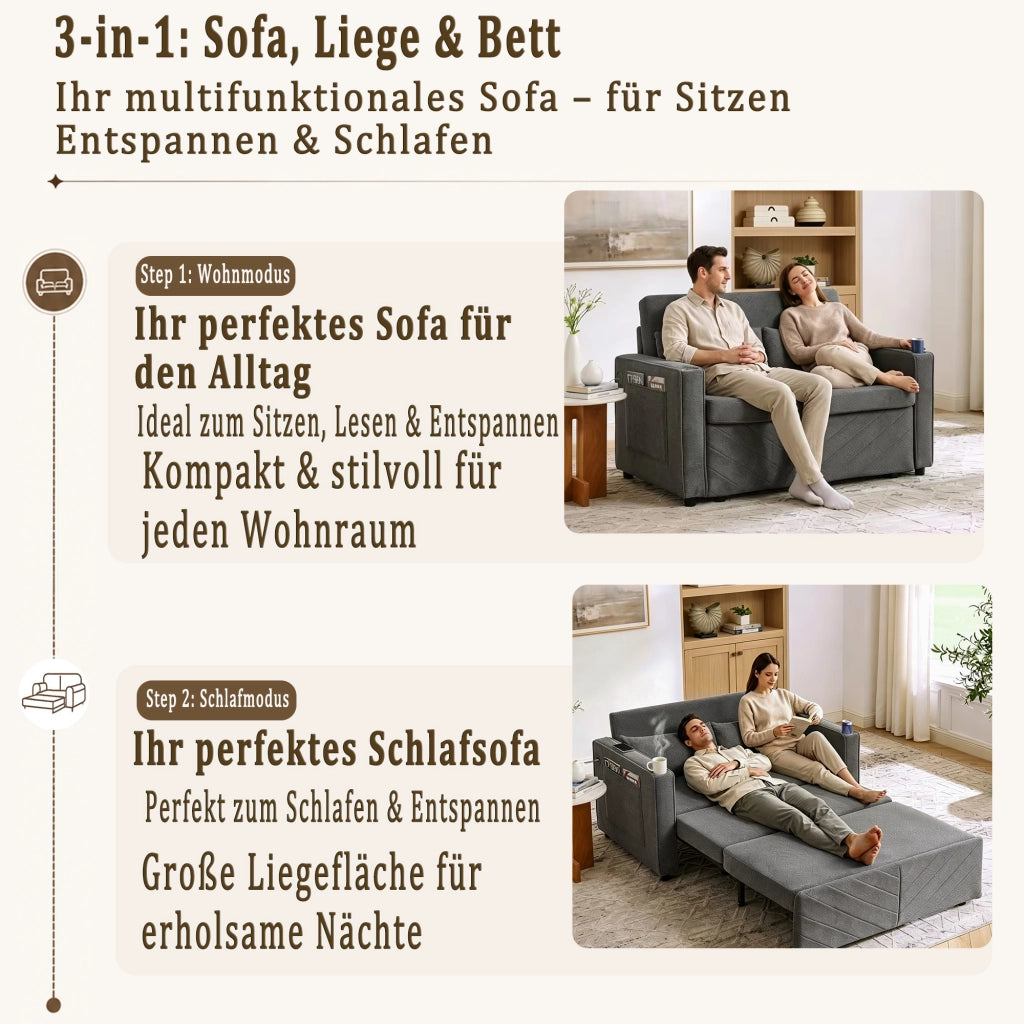 Divano letto 3 in 1 con sistema scorrevole e porte USB in legno e tessuto grigio scuro 195 × 134 × 73 cm