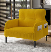 Poltrona singola in velluto a coste giallo con tasca laterale; 67x75x79 cm; struttura in metallo