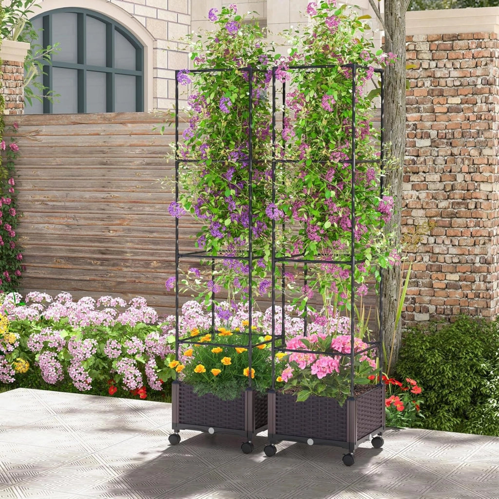 Fioriera con Grigliato per Piante Rampicanti, Letto Rialzato con Spalliera, Sistema di Auto-irrigazione, Altezza Regolabile e Ruote, Fioriera Verticale da Interno ed Esterno