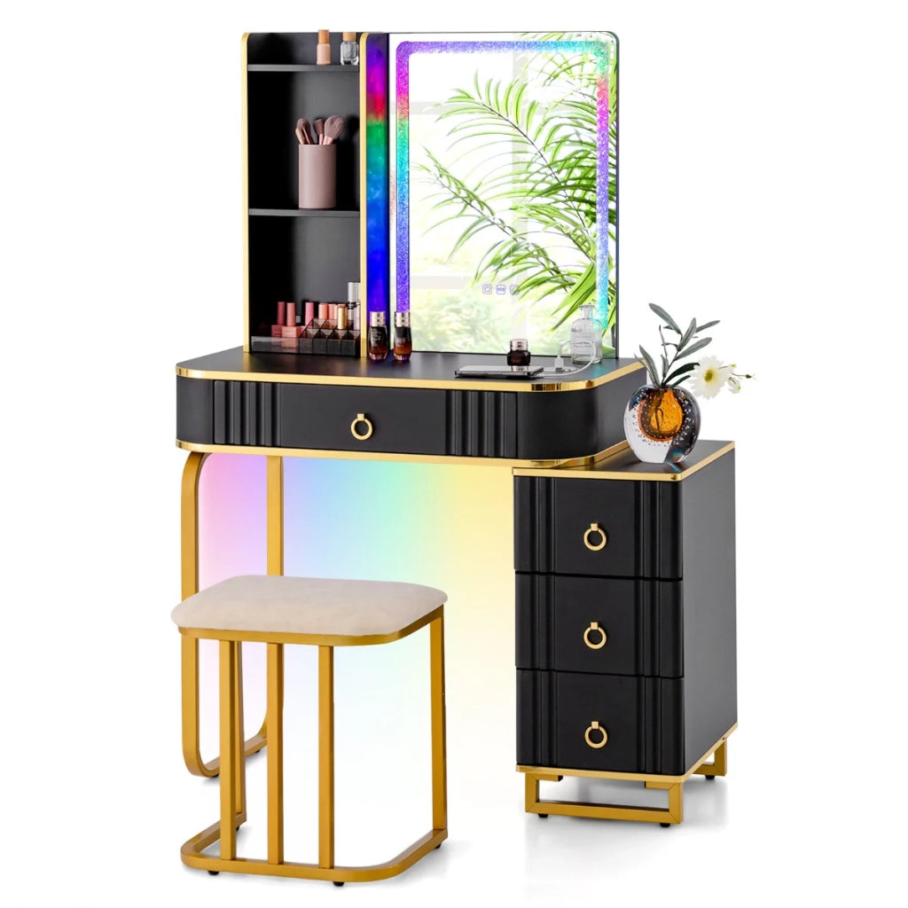 Set toeletta con specchio illuminato 80 x 40 x 137 cm 7 modalità LED regolabili sgabello imbottito in MDF nero 20_0011864