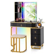 Set toeletta con specchio illuminato 80 x 40 x 137 cm 7 modalità LED regolabili sgabello imbottito in MDF nero 20_0011864