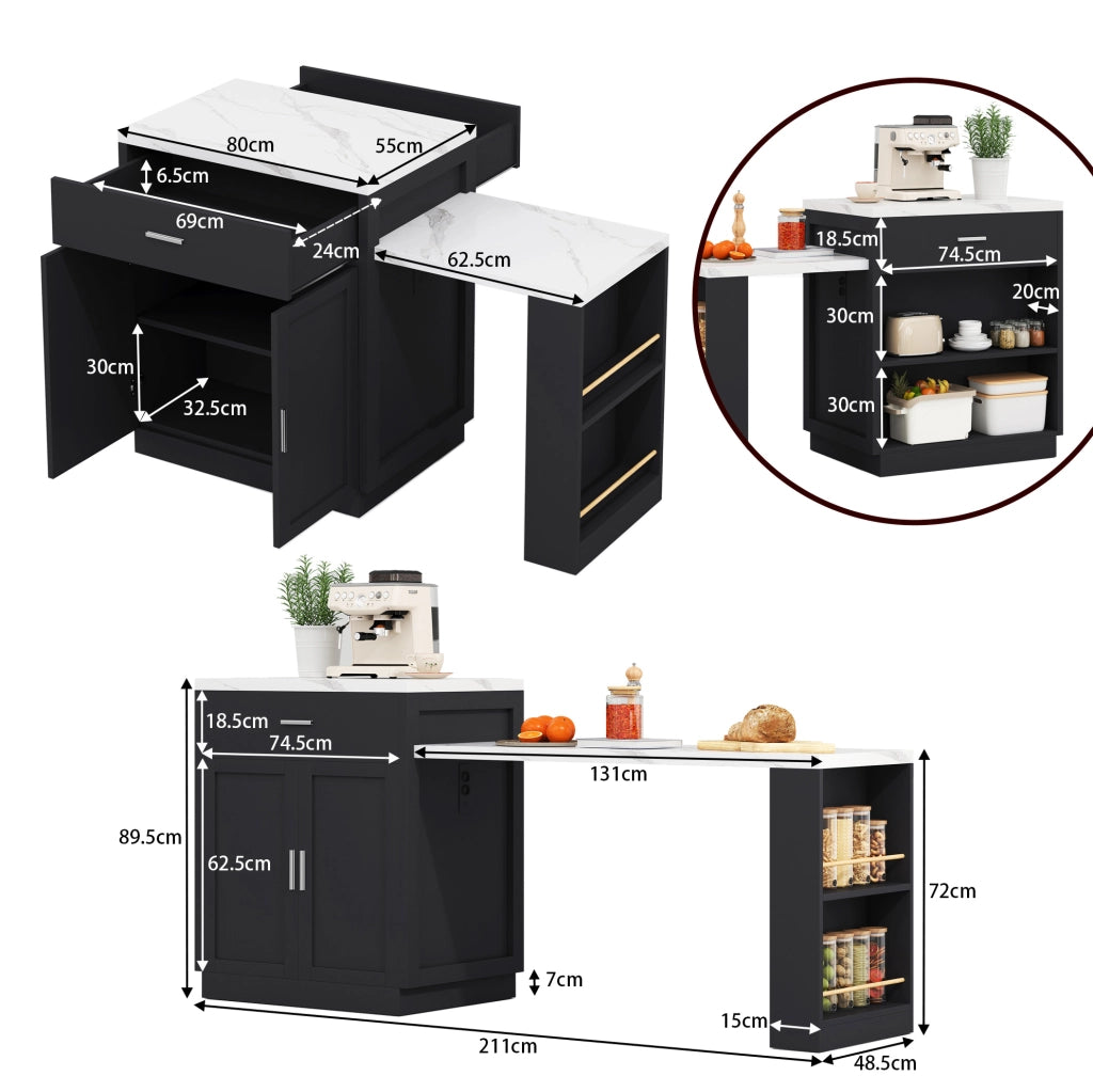 Isola da cucina con tavolo estraibile per 2-6 persone; presa elettrica; MDF nero; 211x55x89;5 cm