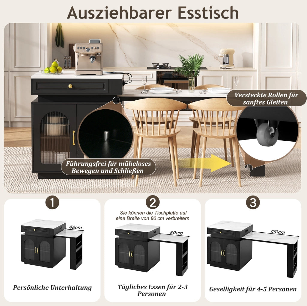 Isola cucina estensibile con LED e ricarica USB/Type-C, nera