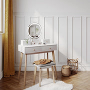 Tavolo da toeletta Finya, Bianco, 80 cm con specchio LED e sgabello, per la conservazione e l'organizzazione di articoli cosmetici