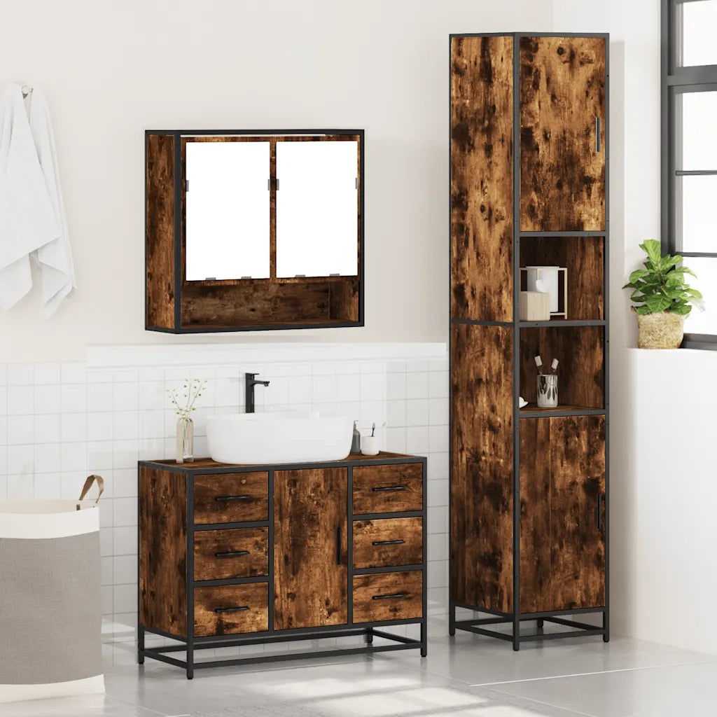 Set Mobili da Bagno 3 pz Rovere Fumo in Legno Multistrato 3301112