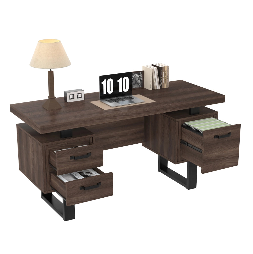 Scrivania ULEVR 135x54 cm con 2 cassetti silenziosi e vano portadocumenti, MDF e metallo nero-marrone