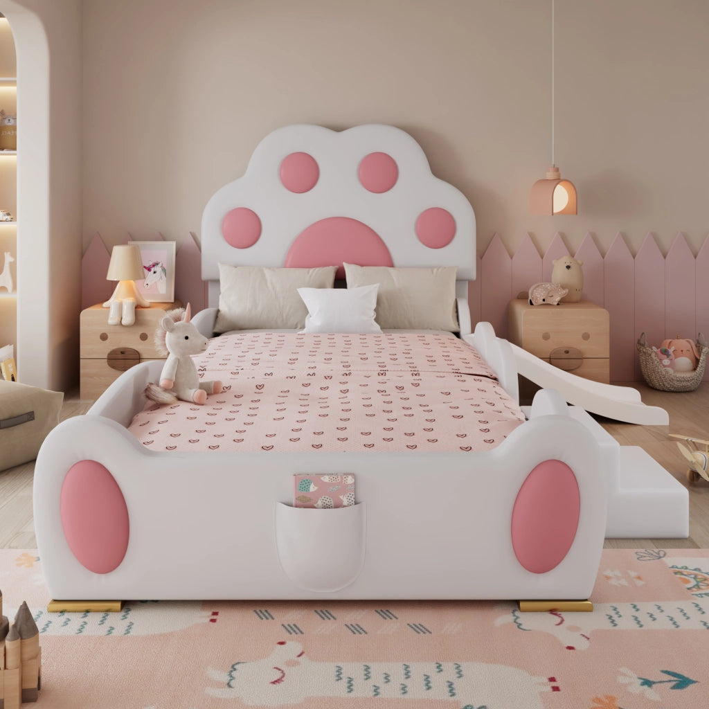 DESMIU Letto per bambini 90 × 200 cm con scivolo, scala a 2 gradini e tasca, senza materasso, in PU, bianco e rosa