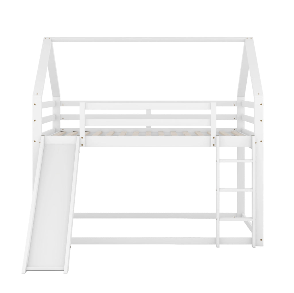 Letto a castello a casetta 140x200 cm con scivolo e scala; pino; bianco
