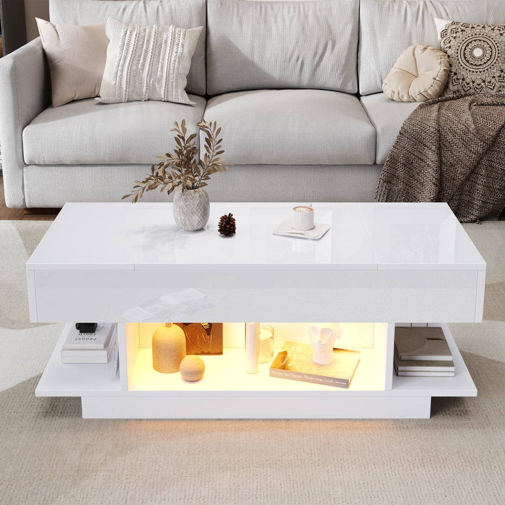 TAVOLO da caffè alzabile 98x45x40 cm bianco lucido con LED