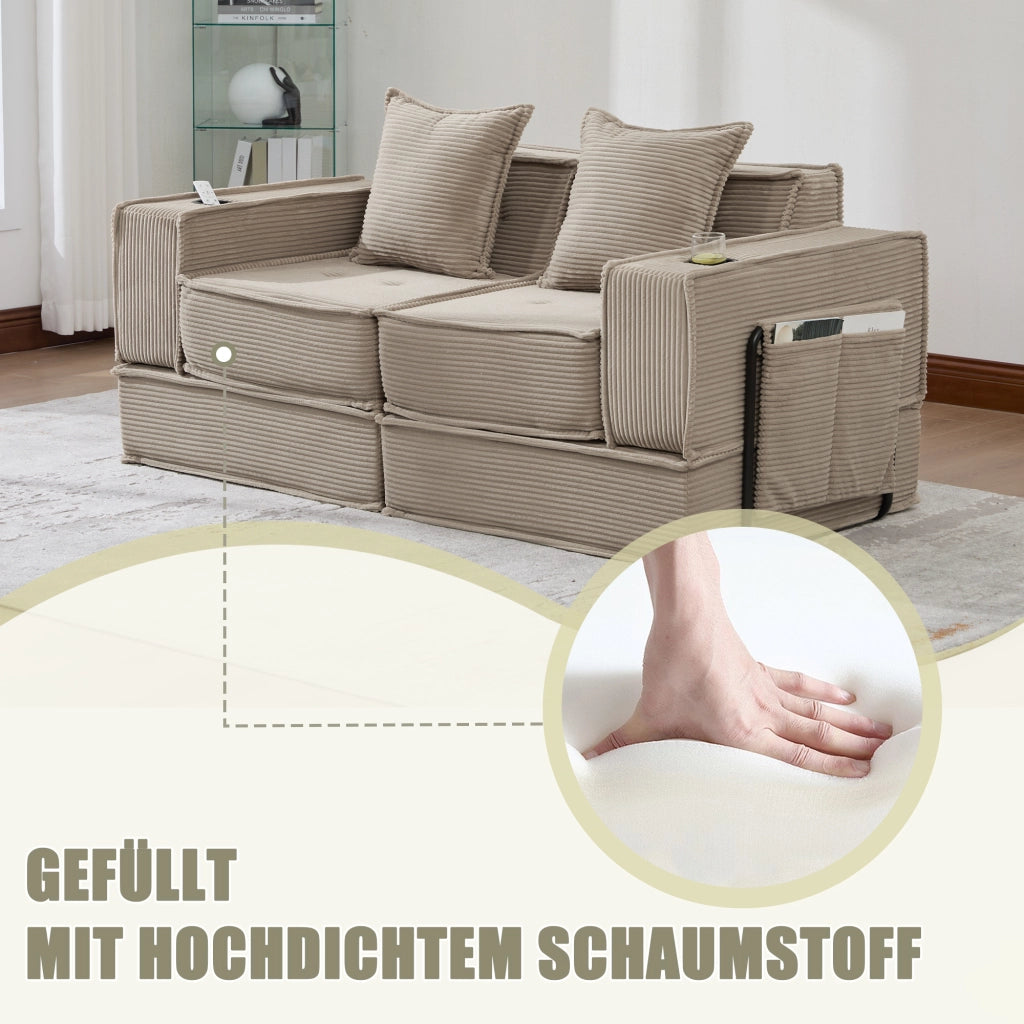 Pouf sofa modulare con tasche laterali e due cuscini in velluto a coste kaki per relax 162 × 78 × 66 cm