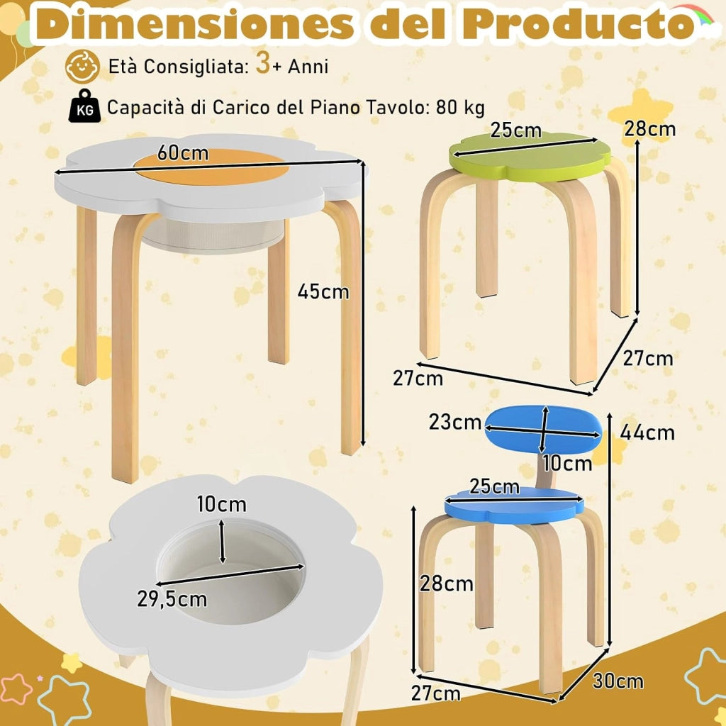 Set Tavolo e Sedie per Bambini, Set Mobili a Forma di Fiore con 2 Sedie e 2 Sgabelli, Tavolo Attività con Contenitore Nascosto, Set Gioco a 5 Pezzi in Legno per Bambini 3+ Anni