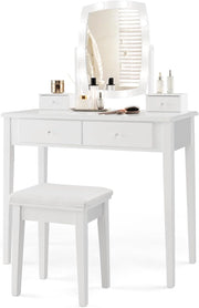 GIANTEX Set Toeletta Trucco con Specchio Illuminato, Tavolo da Trucco 2-in-1 con Luci LED a 3 Colori, 4 Cassetti, Specchio Rotante, Tavolo da Trucco con Sgabello Imbottito, Bianco