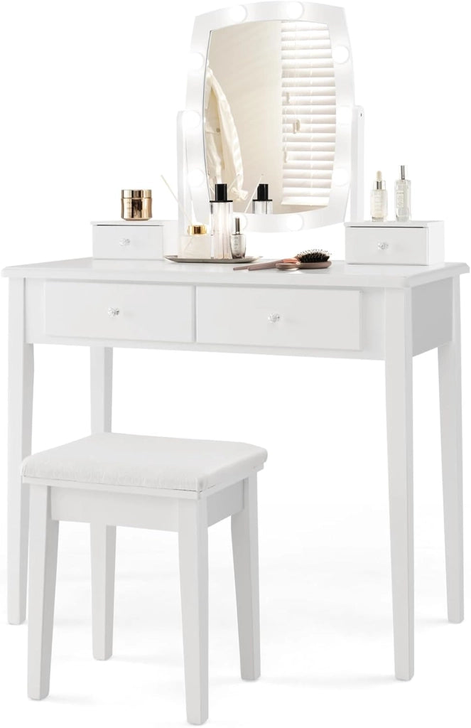 GIANTEX Set Toeletta Trucco con Specchio Illuminato, Tavolo da Trucco 2-in-1 con Luci LED a 3 Colori, 4 Cassetti, Specchio Rotante, Tavolo da Trucco con Sgabello Imbottito, Bianco