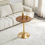 Tavolo da pranzo rotondo con base centrale e piano effetto noce stile retrò moderno in MDF e metallo oro per soggiorno e sala da pranzo