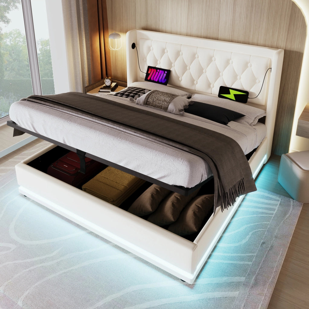 Letto contenitore 180x200 cm in PU bianco con LED e USB Tipo-C