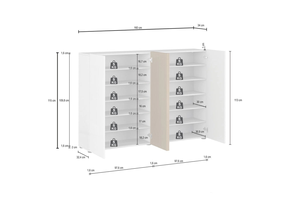 Mobile Portascarpe Palasio, Scarpiera 40 Paia Made in Italy, 160x34x115h cm Bianco Lucido