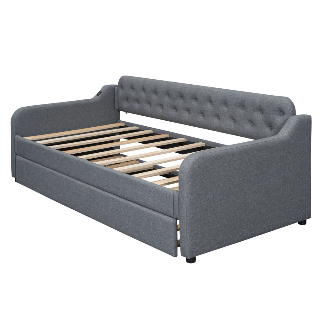 Divano letto con letto estraibile 90x200 cm; USB; in lino grigio