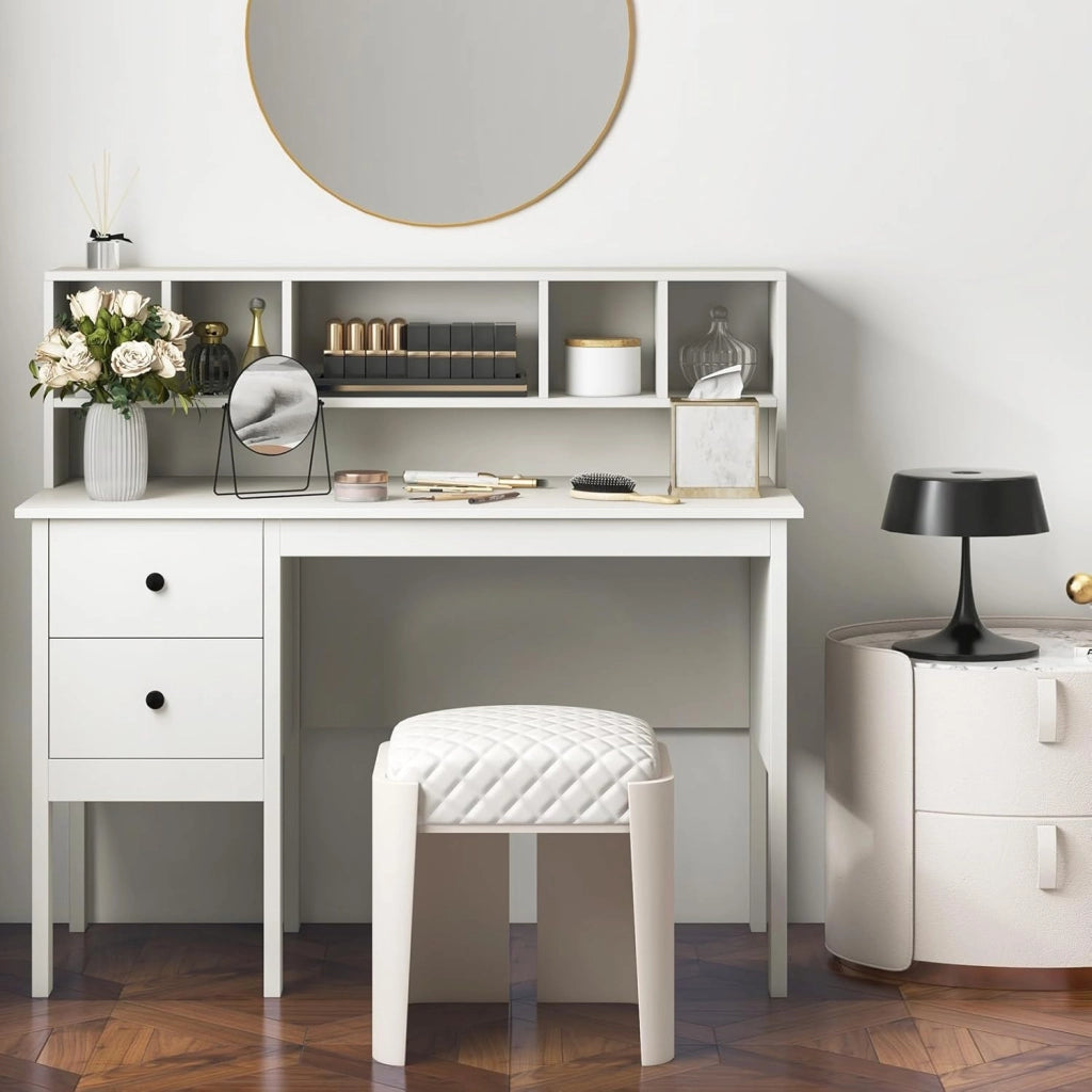 Scrivania con porte di ricarica USB, tavolo per computer da 120 cm con cassetti e cabina da 5 cubi, tavolo da studio, tavolo da lavoro per ufficio, camera da letto, bianco