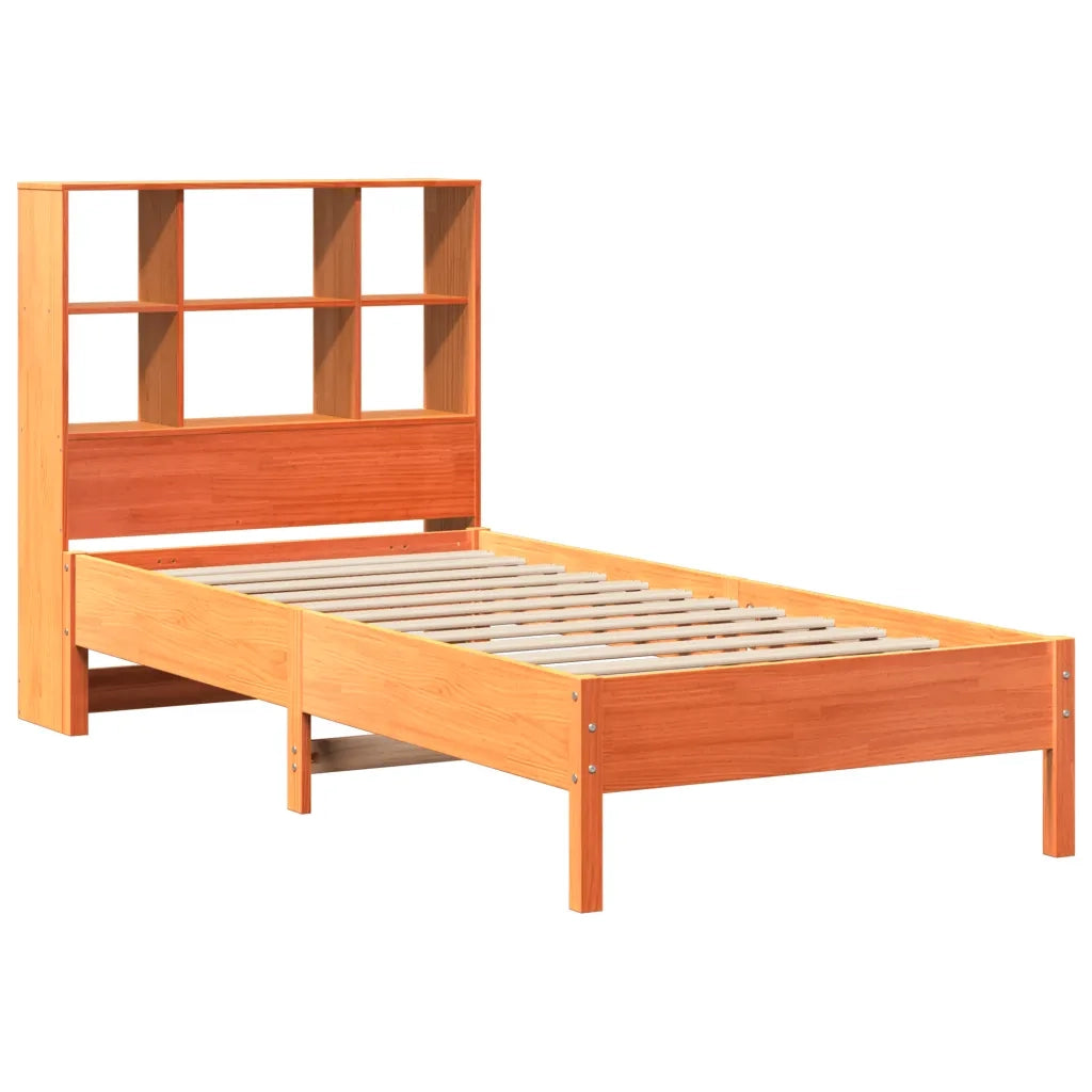Letto Libreria senza Materasso-Struttura Letto con contenitore Marrone Cera 100x200 cm in Pino 994216
