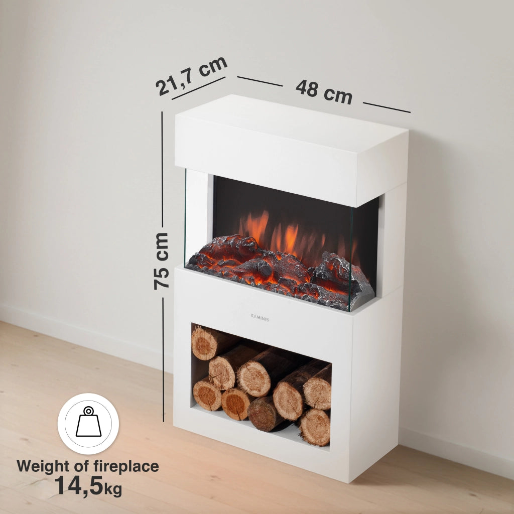 KAMINIO Camino elettrico HENRI - Stufa elettrica con riscaldamento, effetto fiamma 3D, luce ambiente a LED, scomparto de legno, telecomando - Bianco