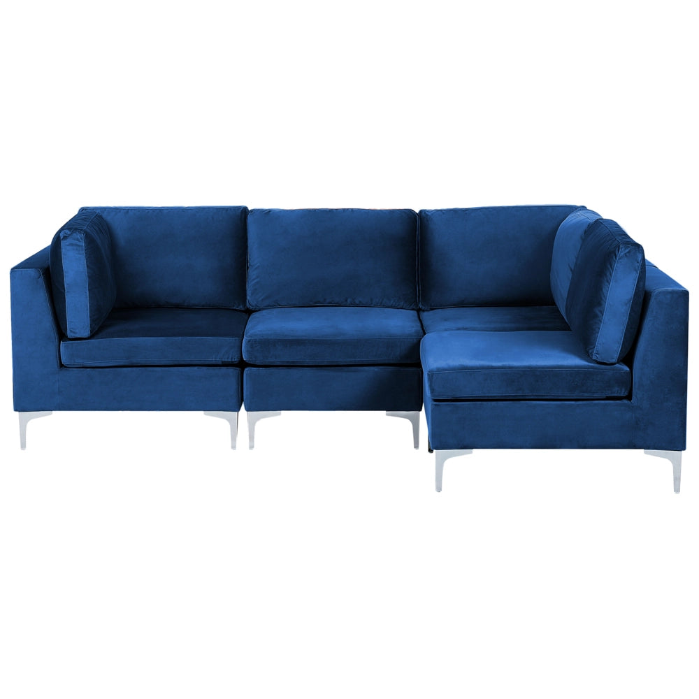 Divano ad angolo componibile versione sinistra a 4 posti in velluto blu marino con gambe in metallo argento stile glamour