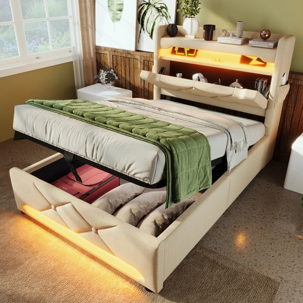 Letto Contenitore 90 x 200 cm; USB; USB-C; LED Regolabile e Mensole in Lino Beige