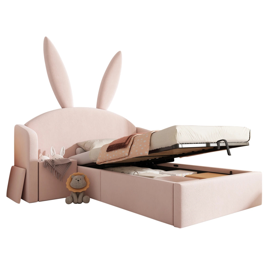 Letto per bambini 90x190 cm in velluto rosa con contenitore; comodino e orecchie di coniglio