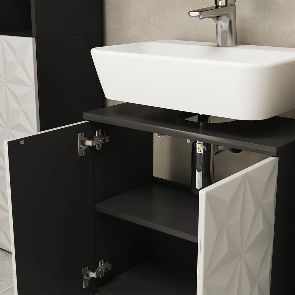 Mobile sottolavabo per bagno Edge, Nero, 60 x 57 cm con 2 porte, per la conservazione in bagno con meccanismo push-to-open