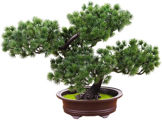 Pianta artificiale di bonsai in piccola dimensione in vaso di plastica, finto pino, pianta da appartamento zen, decorazione verde per interni, decorazione per ufficio e casa.