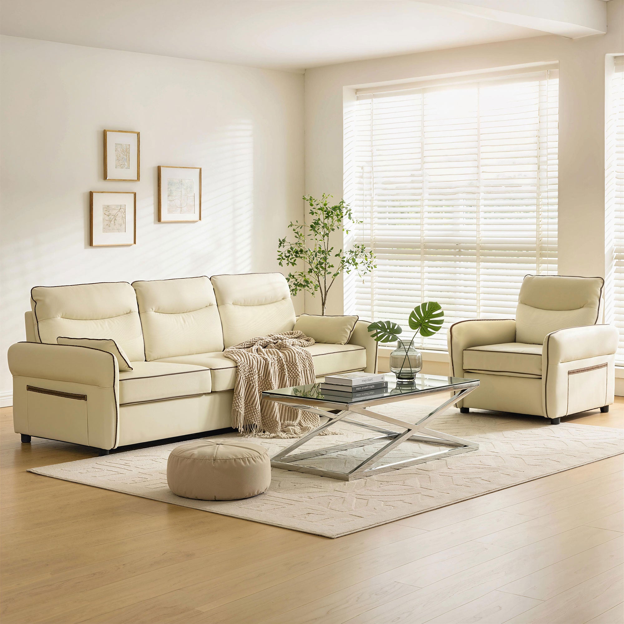 Divano 3 Posti 190x83x90 cm con Imbottitura Spessa Tasca Laterale e 2 Cuscini in Finta Pelle Beige