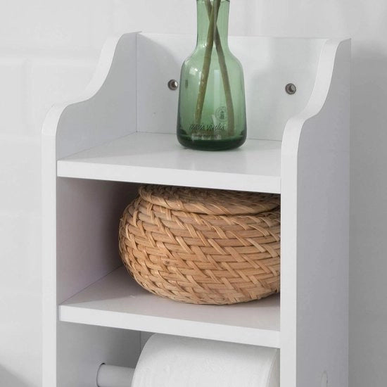 Toiletrolholder indipendente, bianco, per bagno, contenitore per igienico. Dimensioni (l x a x p): circa 20 x 100 x 18 cm.