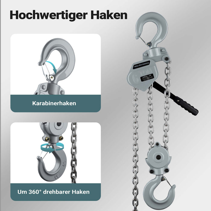 Mini paranco a catena manuale VM6 fino a 6 t, altezza di sollevamento di 1,5 m, in alluminio, per il sollevamento di carichi pesanti
