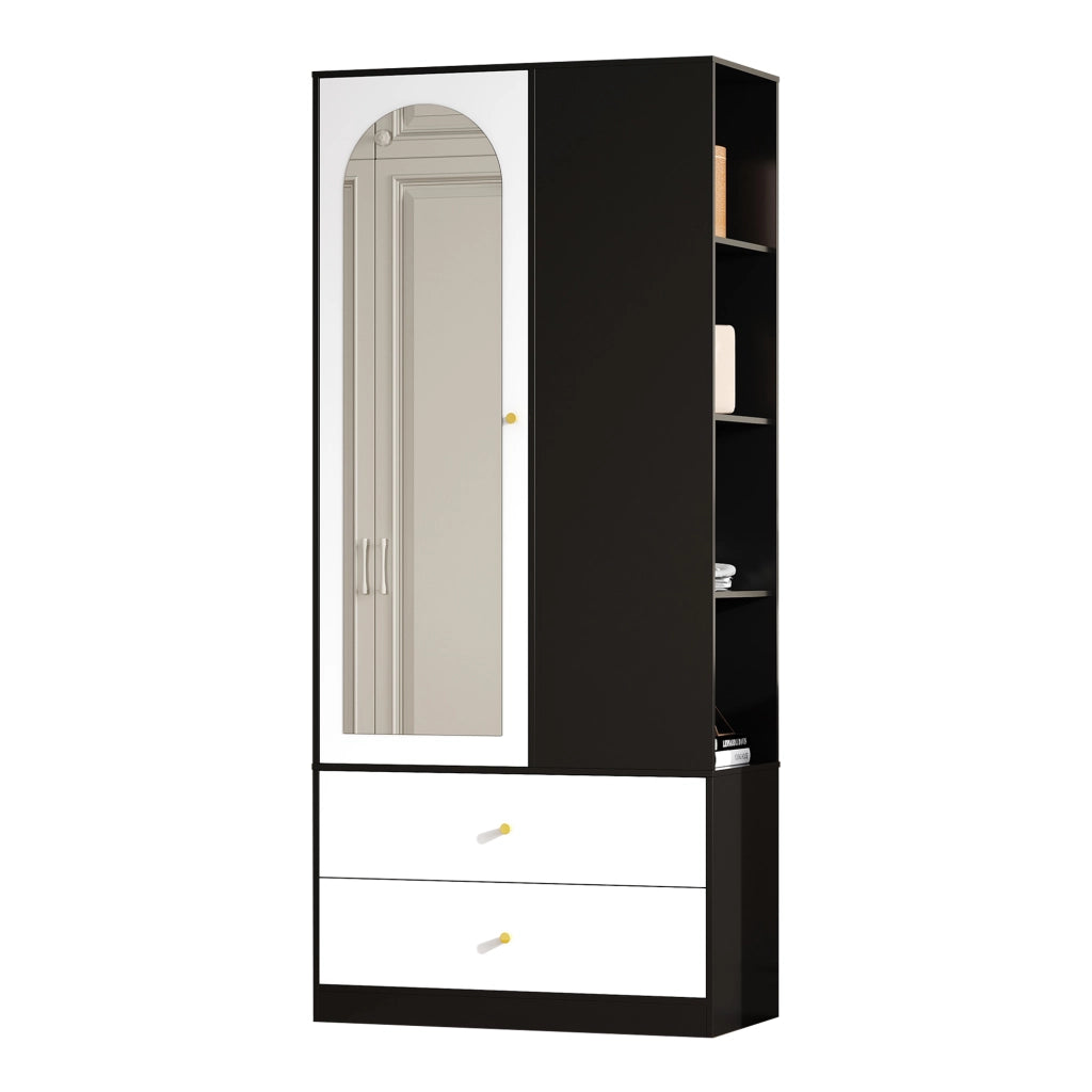 Armadio Guardaroba Bianco e Nero 80×40×180 cm con Specchio; 1 Anta; 2 Cassetti e 4 Ripiani