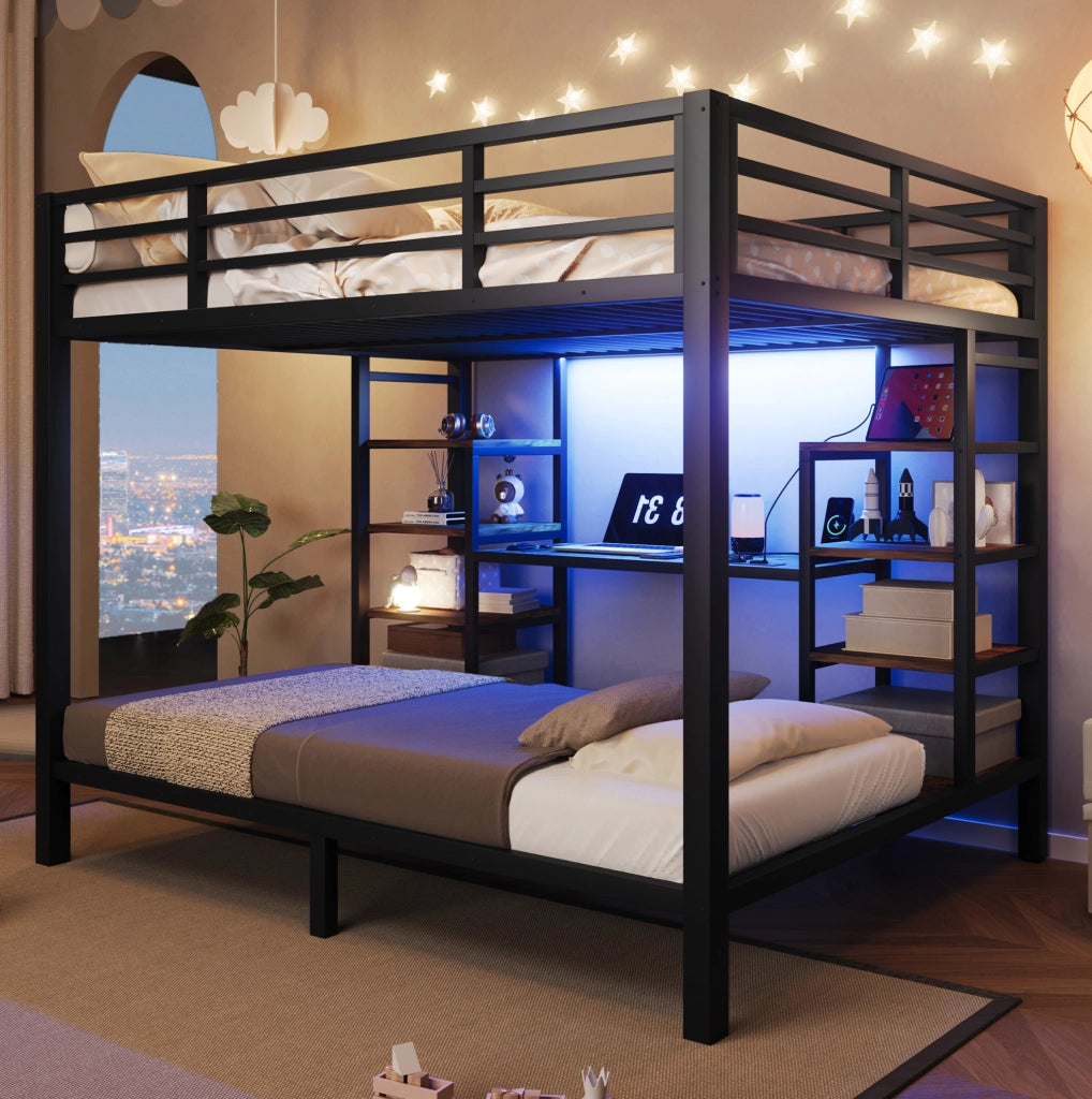 Letto a castello 90x200/140x200 cm in metallo e MDF nero con LED e ripiani –