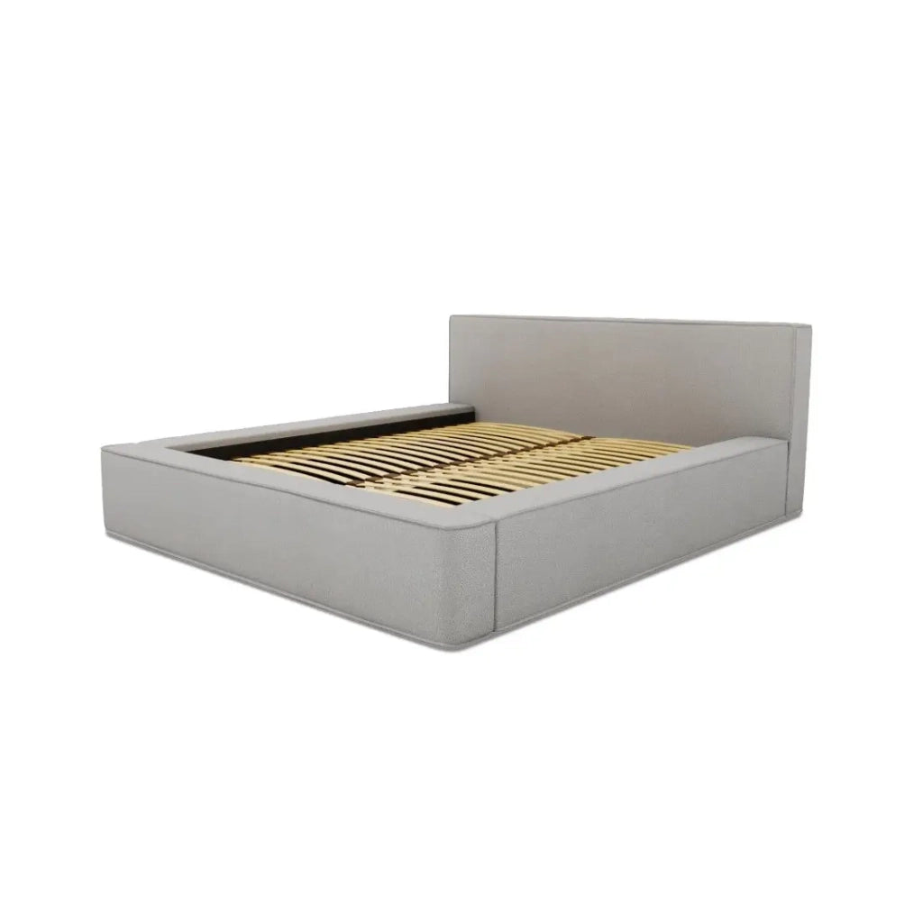 Letto contenitore VELORA – Sabbia grigia bouclé – 140x200 cm – Tessuto velluto morbido – Rete sollevabile – Contenitore integrato
