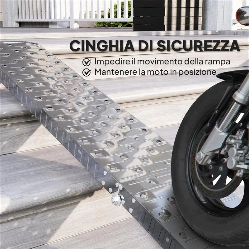 RAMPA DI CARICO PIEGHEVOLE E ANTISCIVOLO PER MOTO CON CINGHIA DI SICUREZZA ACCIAIO ARGENTO