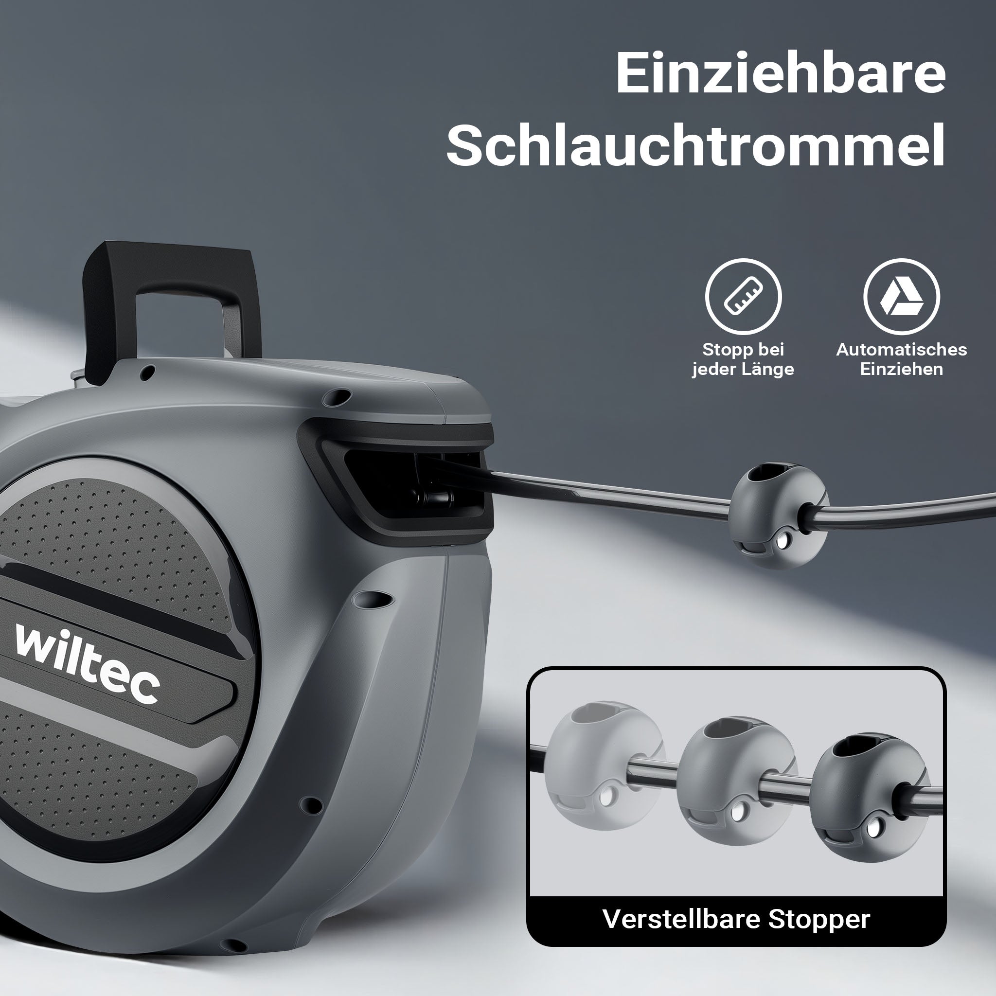 Avvolgitubo automatico per aria compressa 20 m, avvolgitubo in acciaio, 17 bar, con supporto girevole a 180°