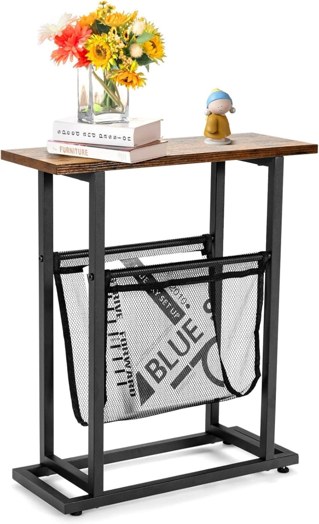 Tavolino con Borsa Libro, Comodino Semplice in Stile Vintage, Tavolino con Staffa in Tubo di Ferro, Adatto per Camera da Letto, Soggiorno, Ufficio, Studio, 48,5x18x54,3cm,Marrone
